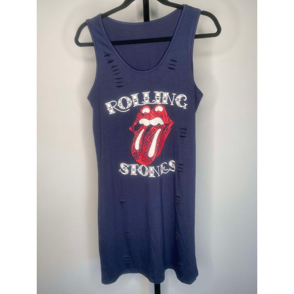 Unbranded blue distressed Rolling Stones sleeveless dress size small‎ oversized